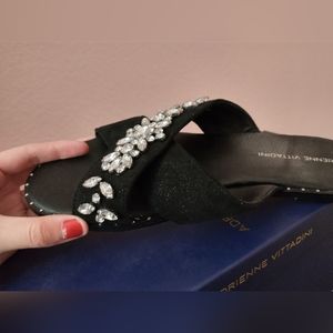 Faux Suede Bejeweled Slip-On Sandals by Adrienne Vittadini (Size 7.5/EU Size 38)
